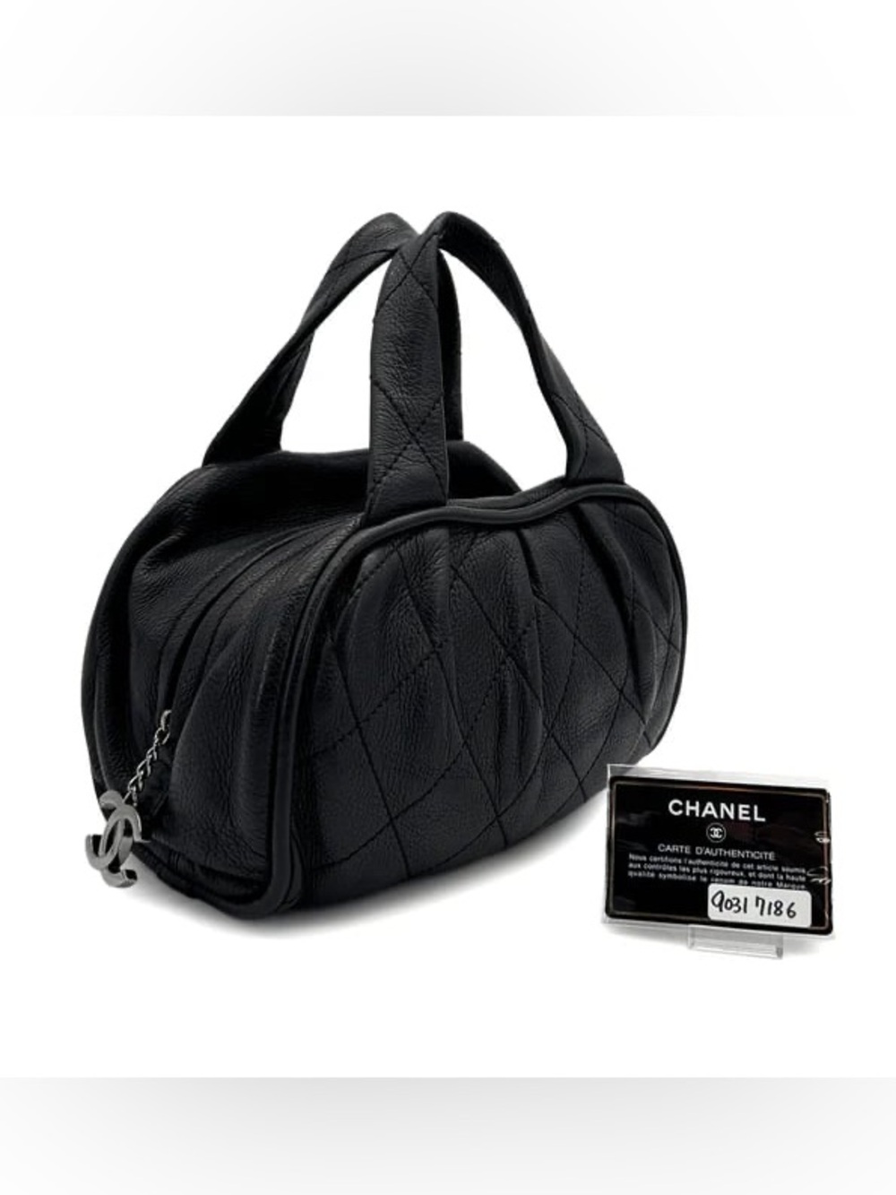 Authentic CHANEL mini quilted le marais bowling black leather bag